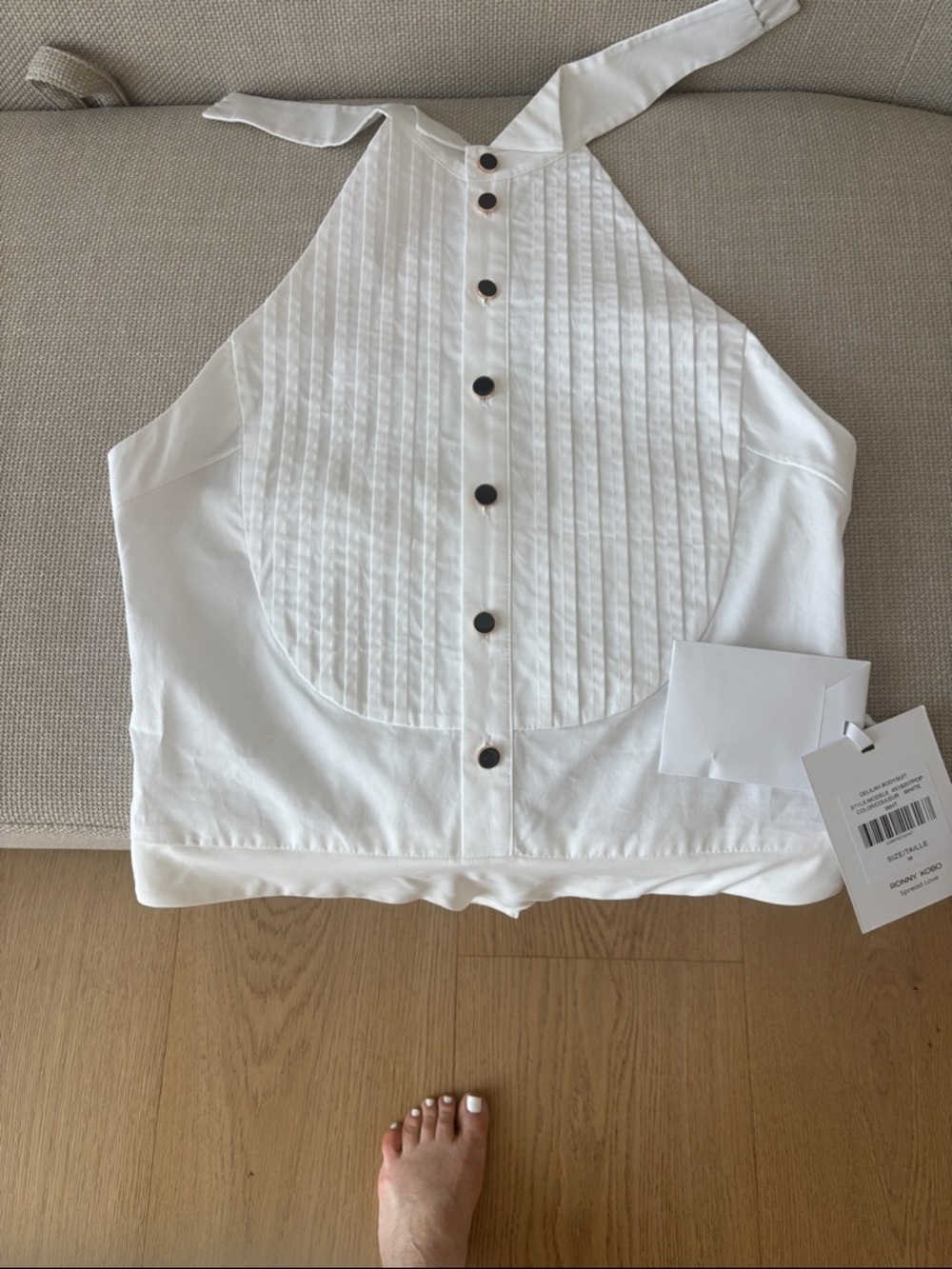Ronny Kobo Collection White Pintuck Halter Button-Front Bodysuit